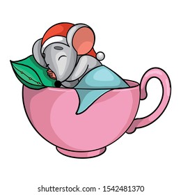 a little cute mouse or rat in a Santa Claus hat sleeps in a big pink mug under a blanket in