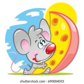 A little cute little mouse with a red nose looks at a huge piece of cheese and wants to eat it. A cartoon vector character. Funny Isolated illustration of animal on a white background.