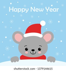 Little Cute Mouse in a red Santa s cap and scarf.