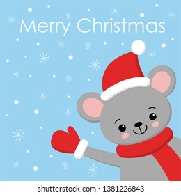 Little Cute Mouse in a red Santa s cap and scarf.
