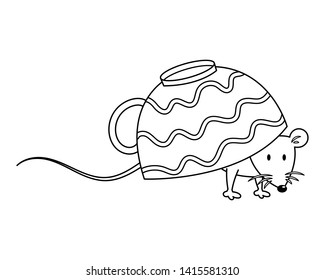 A little cute mouse walking while hiding in a coffee cup vector illustration colorless for coloring page. 