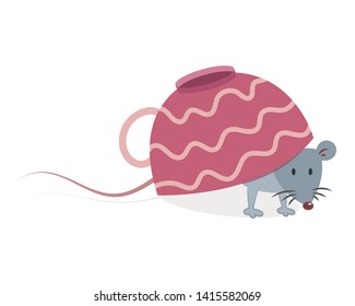 A little cute mouse walking while hiding in a coffee cup vector illustration isolated on white background. 