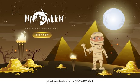 Little Cute Mummy with gold and pyramid on Dark night background.Banner of Happy Halloween Day. Creative and Modern design in EPS10 Vector Illustration.