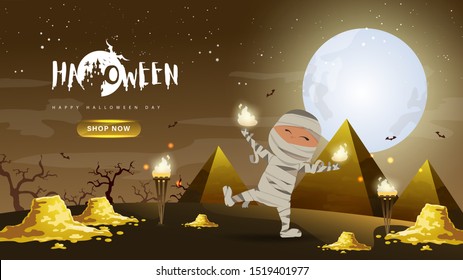 Little Cute Mummy with gold and pyramid on Dark night background.Banner of Happy Halloween Day. Creative and Modern design in EPS10 Vector Illustration.