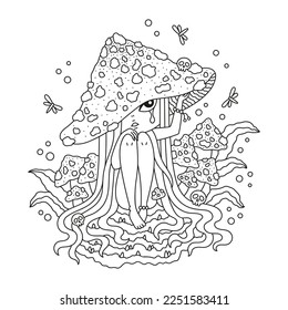 Little cute mushroom girl. Sad fairy amanita creature. Crying fungus character. Magical forest nature. Funny coloring page for kids. Cartoon vector illustration. Black and white colors. Outlined 