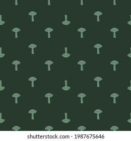 Little cute mushrooms silhouettes seamless pattern in hand drawn style. Dark green background. Simple print. Graphic design for wrapping paper and fabric textures. Vector Illustration.