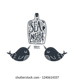 Little cute narwhals and bottle. Vintage lettering postcard. Hand drawn stylish nursery art. Vector illustration.