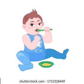 Little cute newborn baby boy. Happy baby eating porridge with spoon. Joyful child is sitting on the floor. Vector illustration.