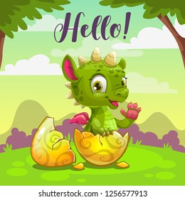 Little cute newborn baby dragon, sitting in the yellow eggshell. Vector childish illustration.