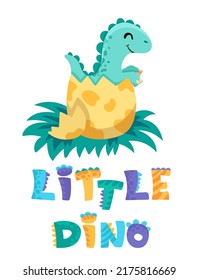 Little cute newborn dinosaur in egg  for birthday greeting card, baby shower invitation, nursery posters. Vector cartoon illustration in scandinavian style.