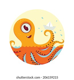 Little cute octopus playing paper ship. Vector illustration.