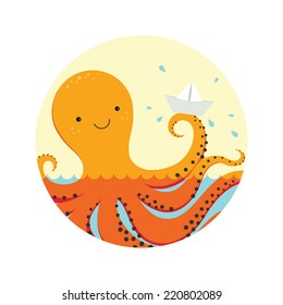 Little cute octopus playing paper ship. Vector illustration.