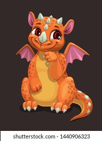 Little cute orange dragon. Fantasy animal.  Funny cartoon monster. Isolated vector illustration.