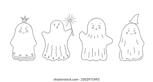 Little cute outline ghosts with face emotions set simple hand drawn illustration doodle spooky fairy-tale, fancy characters for Halloween holiday celebrations, banner, cards, poster decor