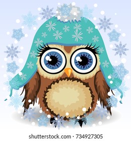 A little cute owl in a blue cap with long ears, a winter owl, shelter from the cold in a frame of snowflakes