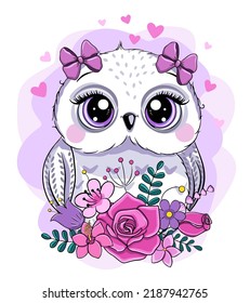 little cute owl and flowers. cartoon vector illustration