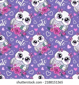 little cute owl and flowers. cartoon vector seamless pattern