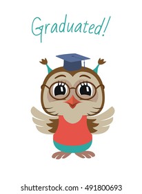 Little Cute owl with graduation hat. Vector Illustration. Isolated on white.