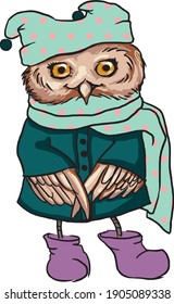 Little cute owl in a hat, scarf, coat and felt boots 