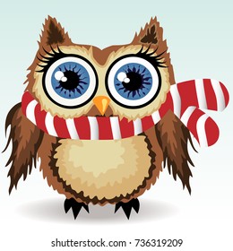 A little cute owl in a red and white scarf, a winter owl, shelter from the cold