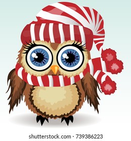 A little cute owl in a red and white hat and scarf with a pompon, a winter owl, shelter from the cold
