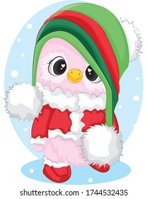 Little cute owl with winter hat and Santa clothes. Watercolor hand drawn kids illustration. Christmas winter theme. Holiday greeting card