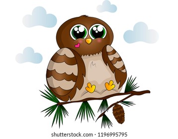 Little cute owlet on a fir branch in the clouds.