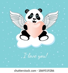 Little cute panda angel sits on a cloud. Template for postcards, flyers, banners.