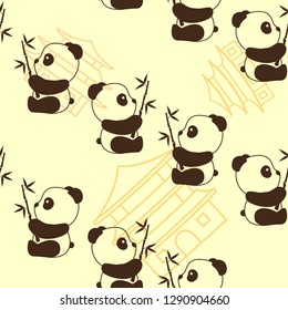 Little cute panda with bamboo, pattern, vector illustration.