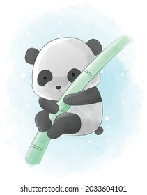 Little cute panda in bamboo treeillustration, watercolor animals Isolated on white background, for cover book, print, baby shower, nursery decorations, birthday invitations, poster