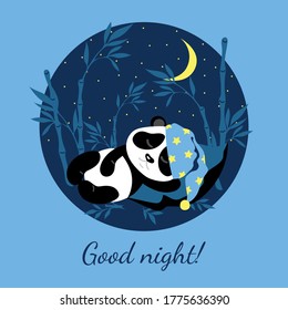 Little cute panda in a cap sleeps on a pillow. Vector image on a blue background.