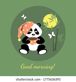 Little cute panda is drinking coffee in the morning. Illustration for children. Vector image on a green background.