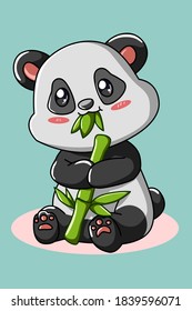 A little cute panda eating bamboo illustration