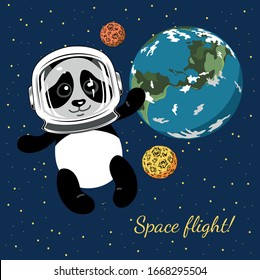 Little cute panda flies in space. Illustration for children.