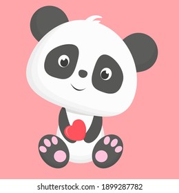 Little cute panda holding heart smiling valentines day