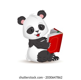 Little cute panda is reading a book. Vector illustration in cartoon style, isolated flat np white background