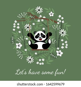 Little cute panda rides on a swing. Illustration for children decorated with plant elements.