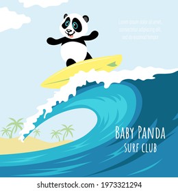 Little cute panda is riding a surfboard. Illustration for children.