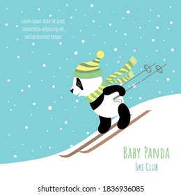 Little cute panda is skiing. Illustration for children.