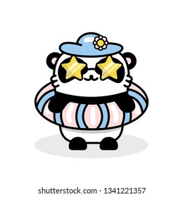 Little cute panda in sunglasses and with an inflatable circle goes to the pool. Big wave on the sea. Vector flat illustration in linear style on white background. Emotions Kawai Bear