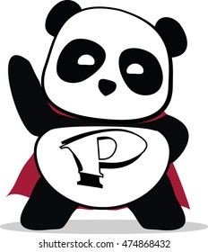 un pequeño superhéroe lindo panda. con la letra "P" en el superhéroe de pecho. con la letra "P" en el pecho