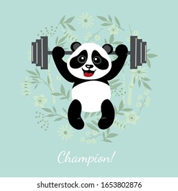 Little cute panda weightlifter. Illustration for children.