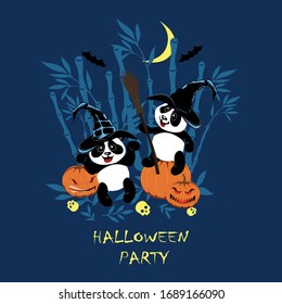 Little cute pandas celebrate Halloween at night. Illustration for children.