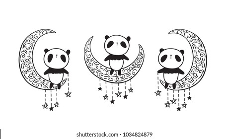 Little cute pandas, moons and stars. Black and white illustration. Vector.