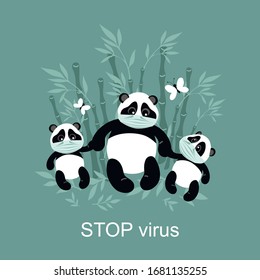 Little cute pandas on a walk with mom. Pandas in medical masks. Illustrations for children.