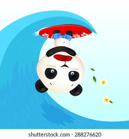 Little cute panic surfer panda in wave tube, vector illustration