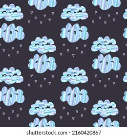 Little cute pastel blue colors clouds with pink hearts. Happy Valentine's Day. Pattern and scrapbooking paper.