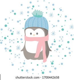 Little Cute Pengiun In a Blue Beanie Hat and Pink Scarf At Snowy Winter Weather Flat Hand Drawn Vector Illustration Print