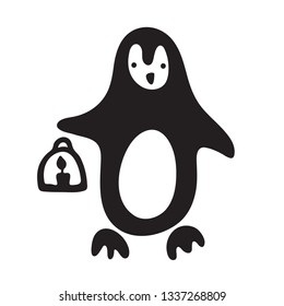 Little cute penguin carries a candlestick with a burning candle. Icon, doodle illustration.