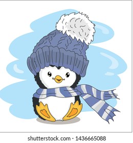Little cute penguin in hat with scarf